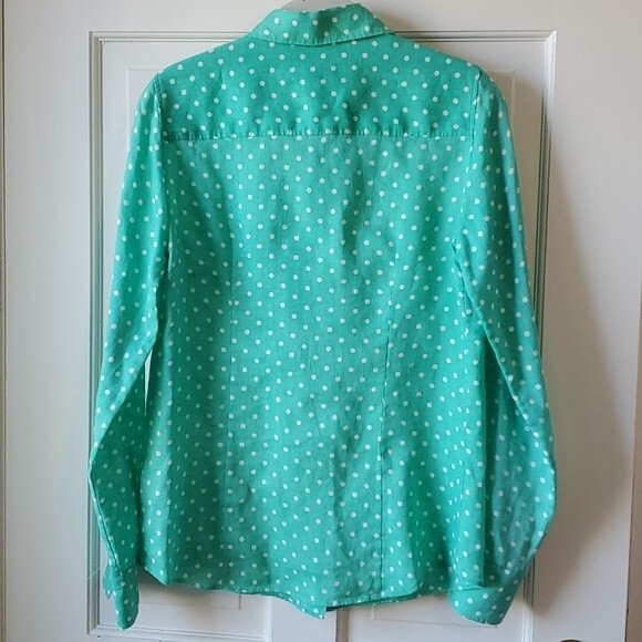 J. CREW PERFECT LINEN BUTTON UP SHIRT POLKA DOT AQUA BLUE GREEN WHITE SIZE 2 - Picture 6 of 9